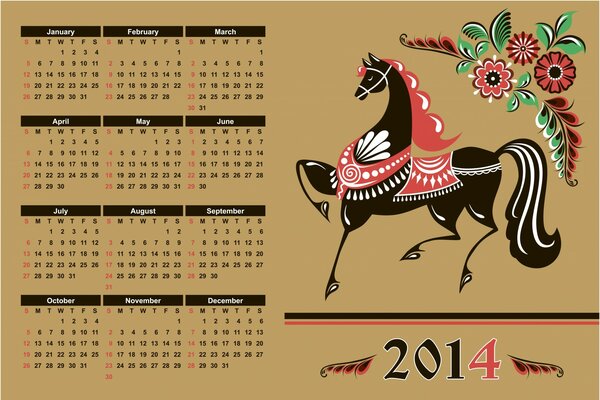 Calendrier pour l année 2014 avec un motif de cheval dans le style folklorique