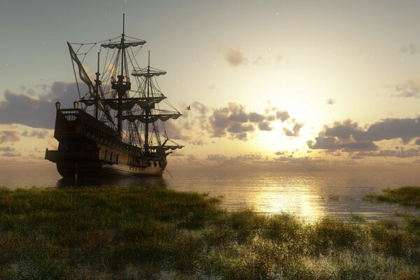 Barco en la bahía al atardecer