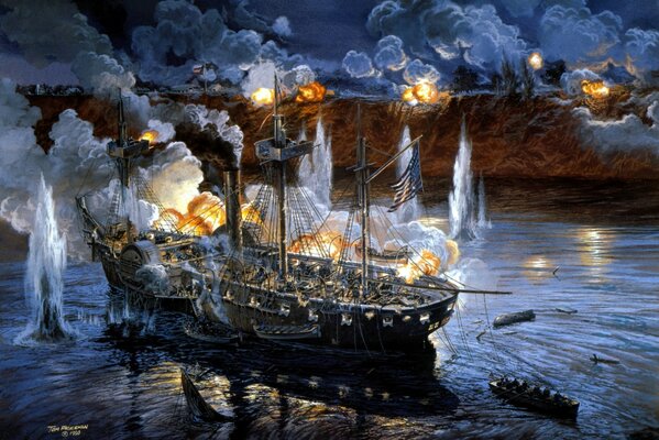 Art painting of a ship being shot at from the shore