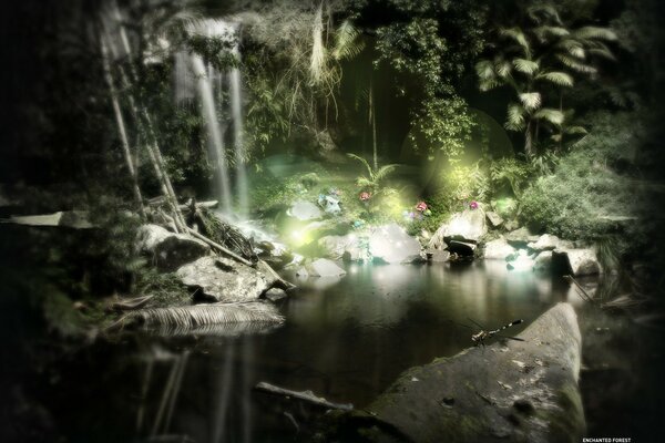 La cascada en la noche es hermosa