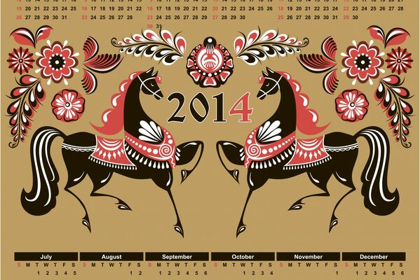 Calendario para 2014 con dibujos de caballos de estilo popular