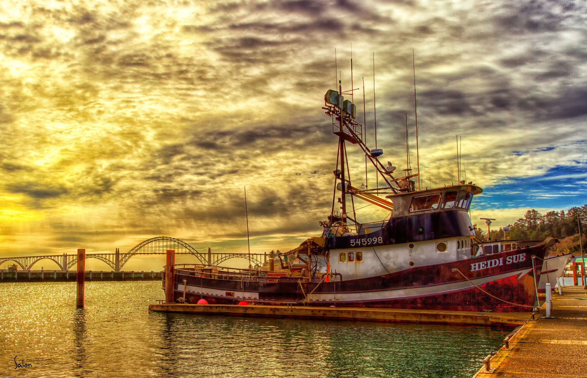 landscape sea ship pier sunset