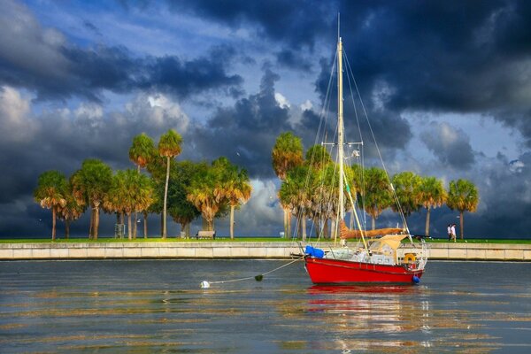 Red yacht on the background of palm trees