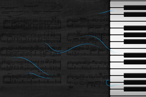 Drawing of a piano with keys and notes