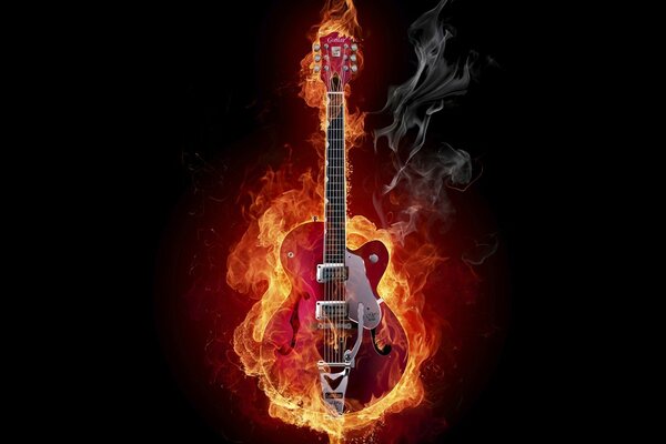 Guitar on fire on a black background