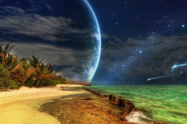 Art landscape. Cosmic sky over the tropics