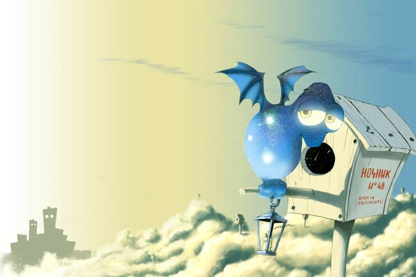 Blue sad dragon in the clouds