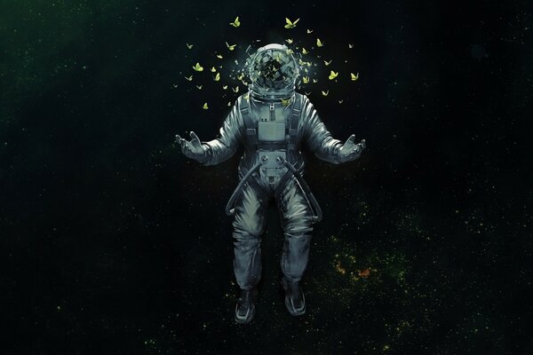 Astronauta en traje espacial en proyecto con mariposas