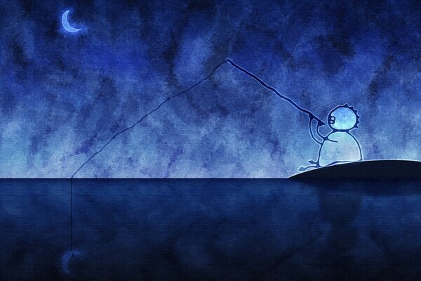 Blue drawing with a fisherman and a fishing rod