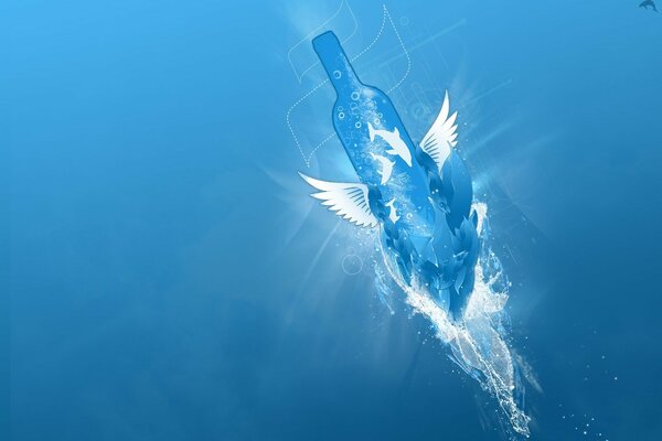 Image of a bottle with white wings on a bright blue background