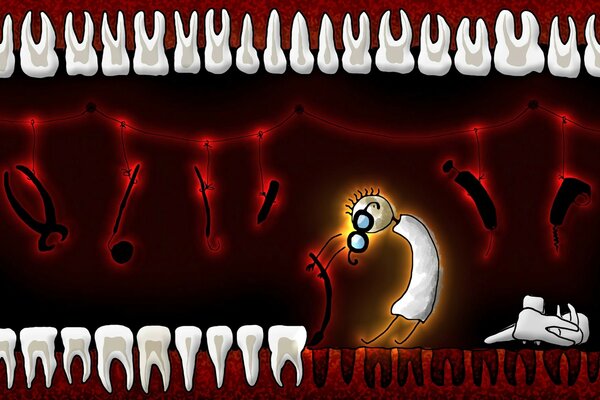 Red picture with a stomatologist and white teeth