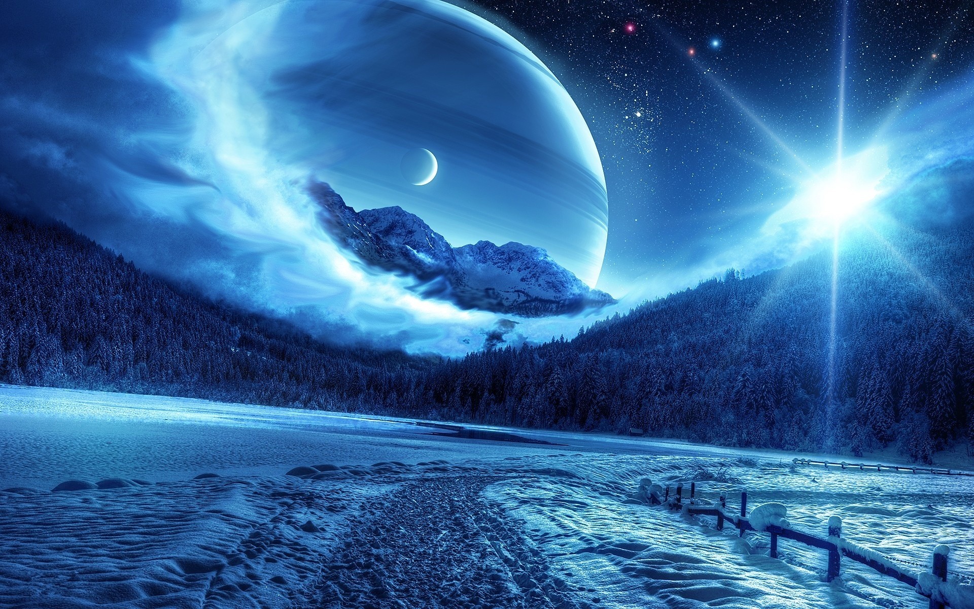 planet nacht fantastische landschaft straße berge winter