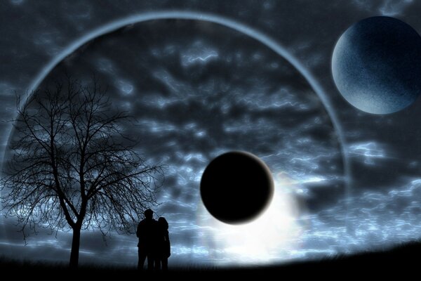 Art of lovers with a 3d moon under a bare black tree