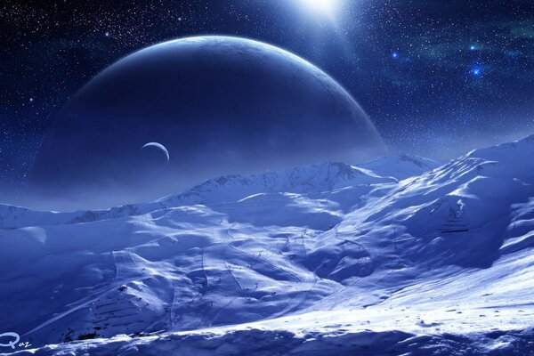 The surface of an icy planet with a view of the sky