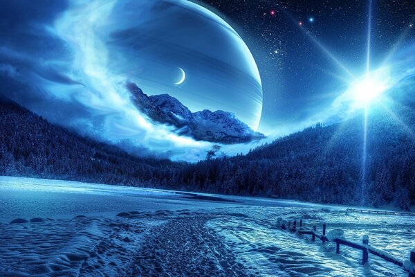 Fantastic landscape of the night winter surface of the earth