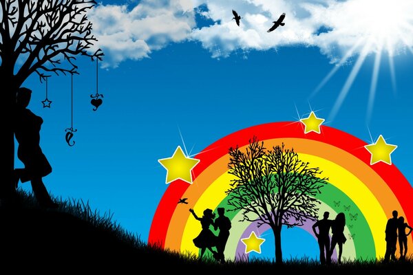 Siluetas de parejas enamoradas contra el fondo del arco iris y el cielo azul