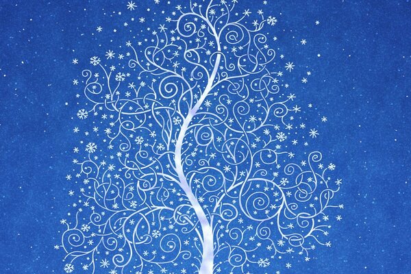 White tree pattern on blue background