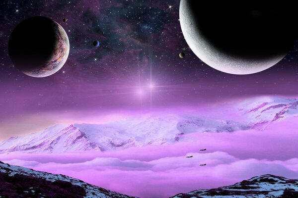 Beautiful space art with planets and a star