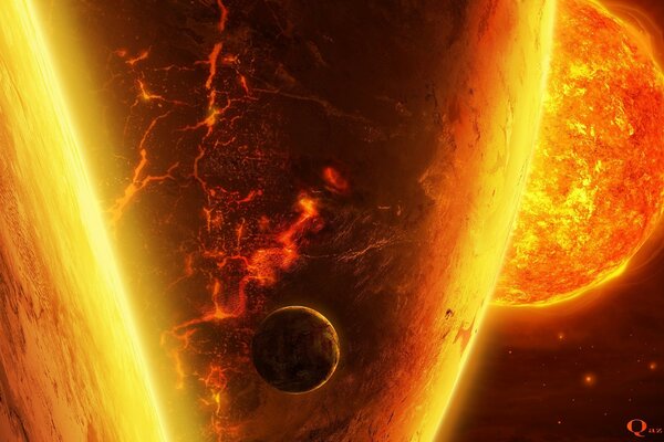 Planète feu soleil espace lave géant