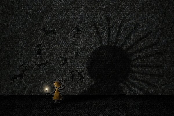 A figure with a candle casts a shadow on the wall