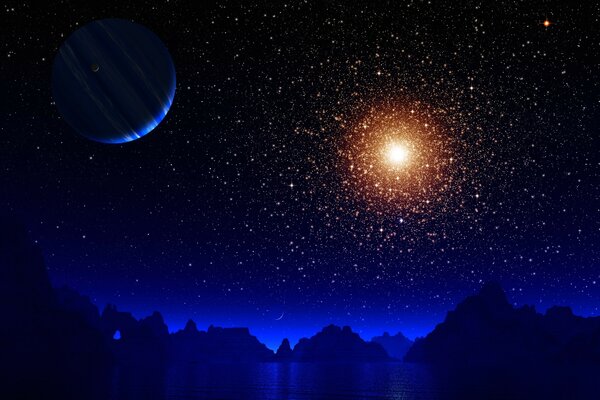 Ein dunkler See im Licht der Sterne und des Planeten