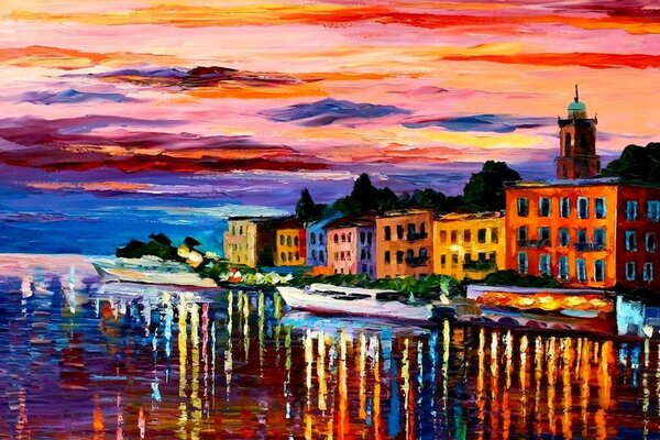 Oil painting city on the river