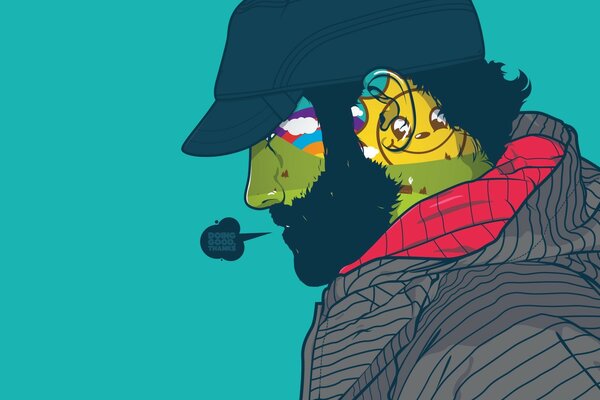 Sur un fond turquoise, un homme avec une barbe et une casquette