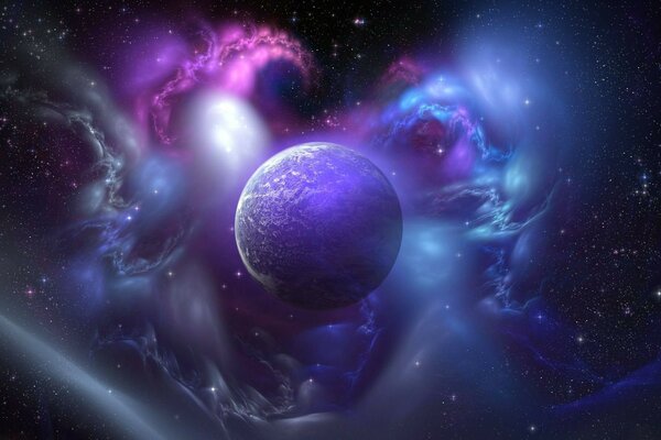 Merging of blue and violet nebulae around the giant planet