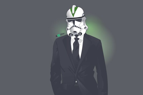 A man in a stormtrooper mask in a black suit on a gray background