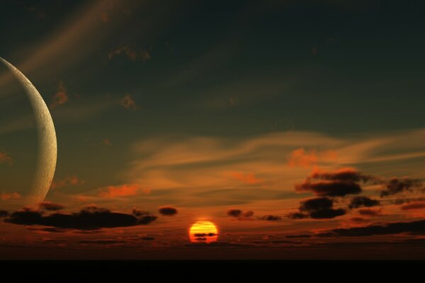 Space with the moon and sunset in the distance