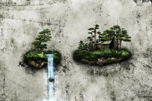 An illusion. Forest edge with waterfall