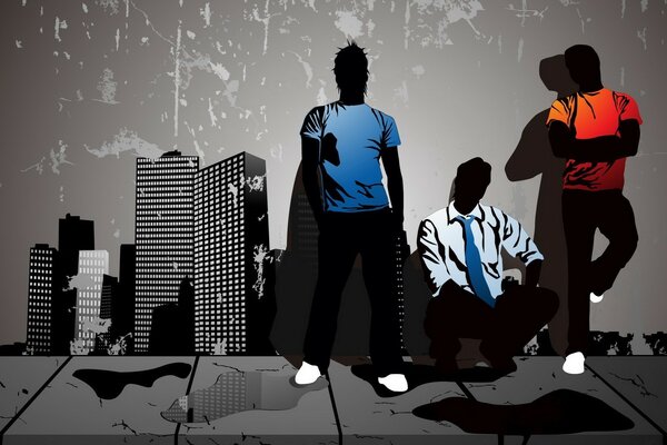 Silhouettes of people in clothes on the background of the city