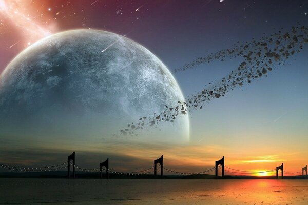 A planet in the asteroid belt at sunset on the background of a bridge