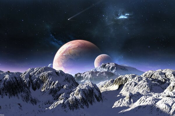 In the snowy mountains photo of a planet with comets