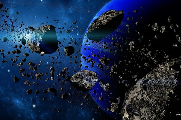 Detriti di asteroidi che volano oltre il pianeta