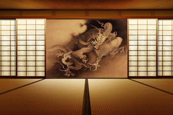 Japanese room with a dragon in the picture