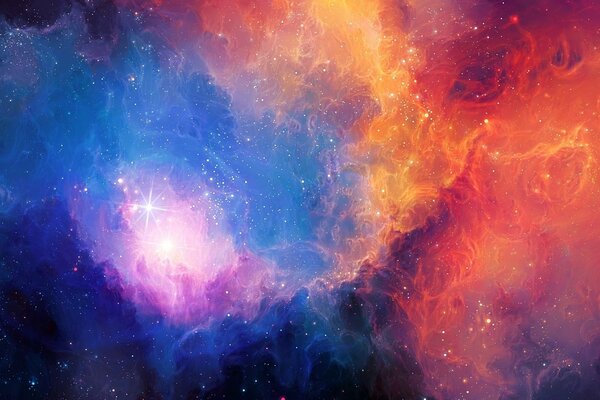 A cosmic nebula shimmering with red and blue colors