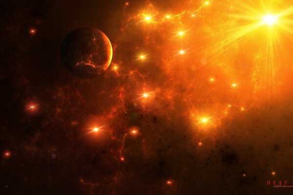 Meteore che volano nella luce arancione della stella