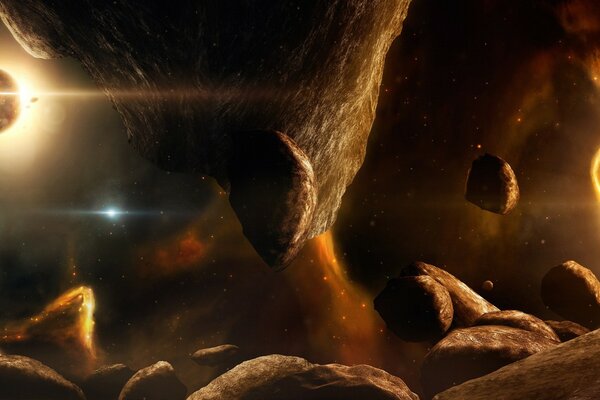 Ein Asteroid fliegt mit Planeten im Weltraum