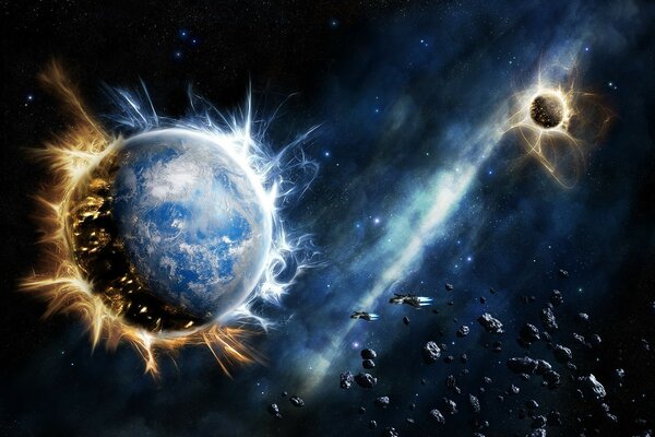 Two space planets covered with glowing flashes and asteroids and flying ships approaching them