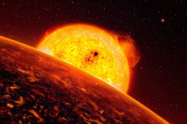 A red-hot planet appears from behind another planet