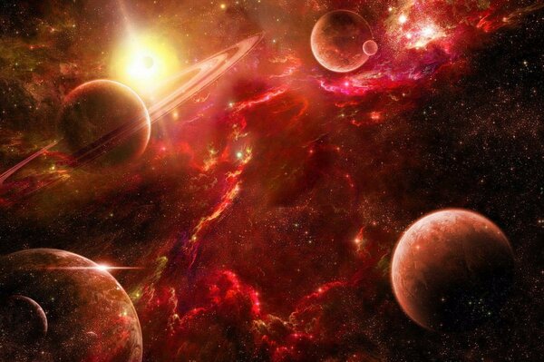 El universo rojo y diferentes planetas en la nebulosa