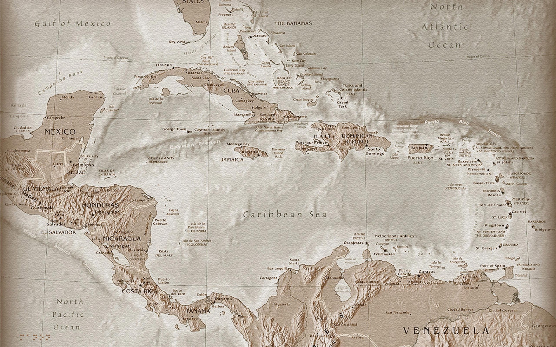 carte vue de dessus antique mer des caraïbes