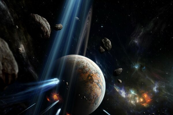 Space art in 3d with asteroids