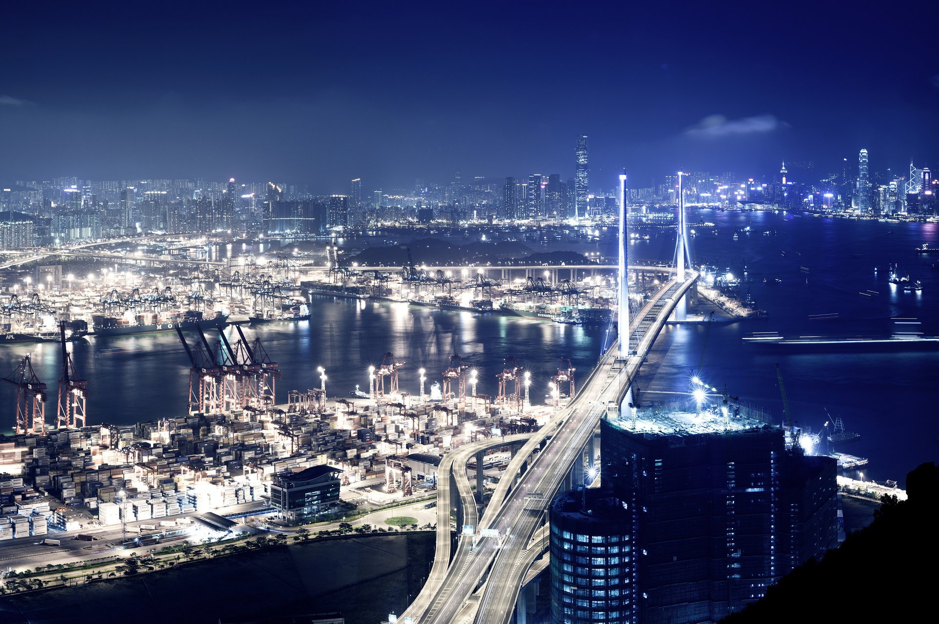 hong kong luces puente edificios ciudad noche