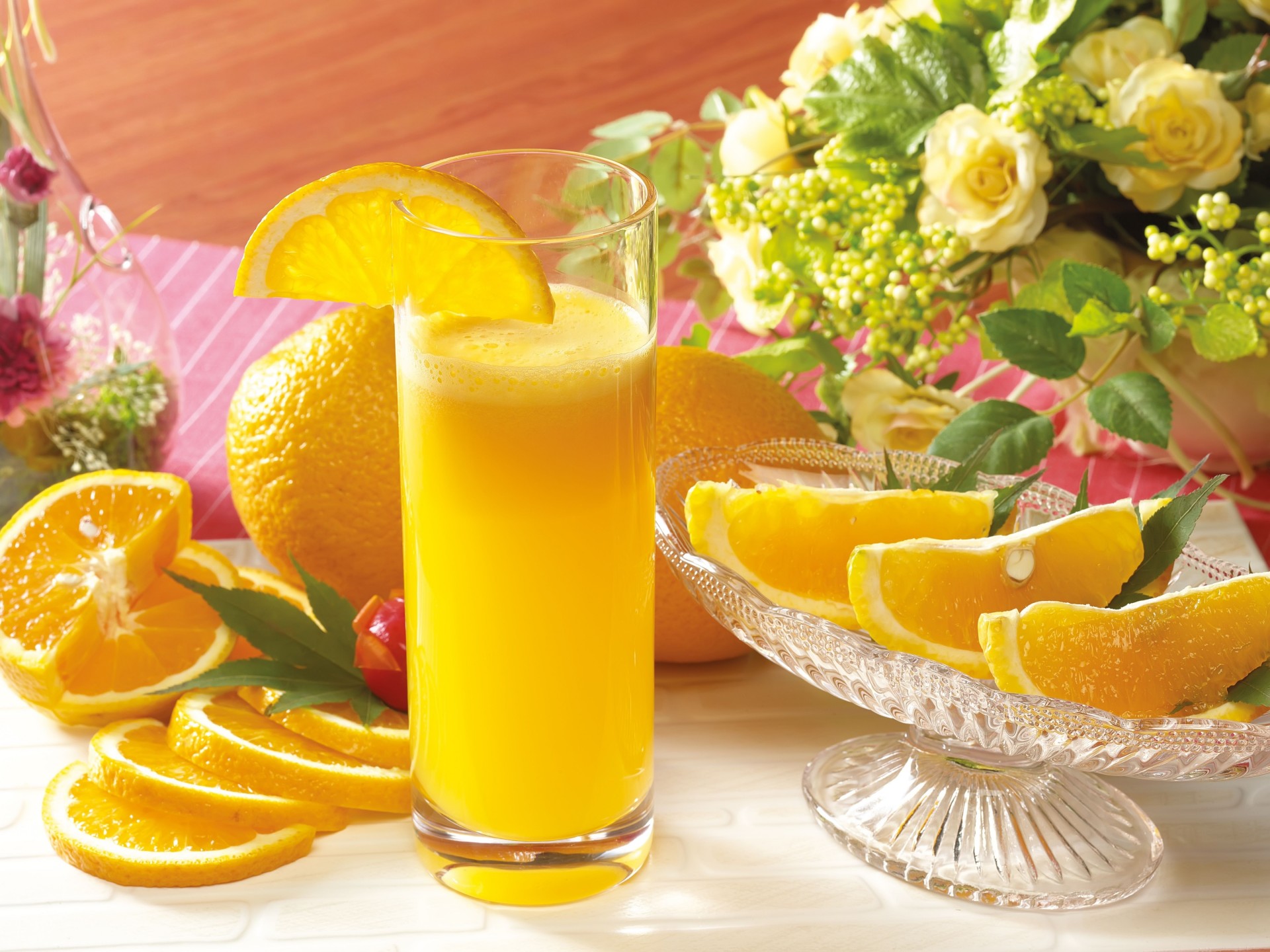 orangen saft blumen glas