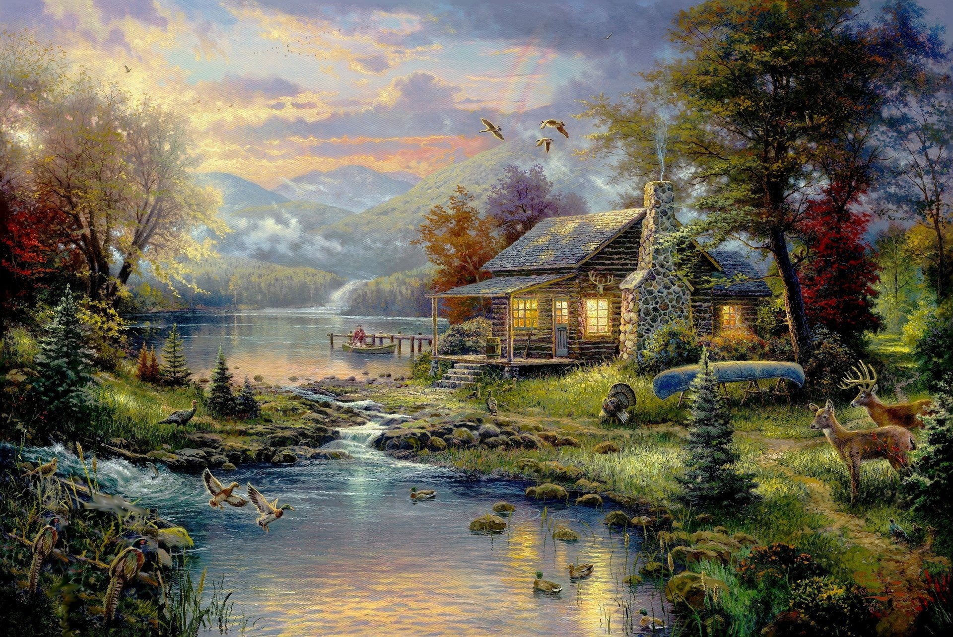 natures paradise painting thomas kinkade картина forest house art river nature