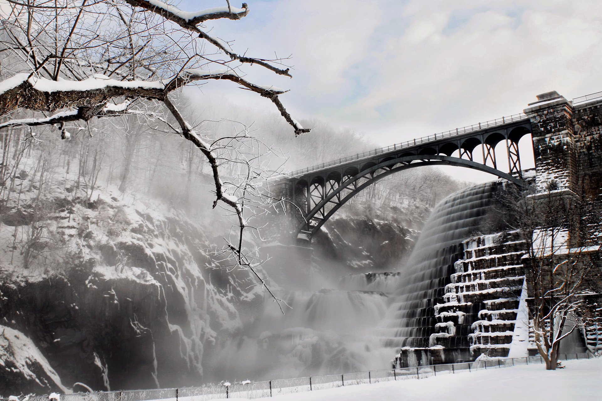 hiver rivière pont digue