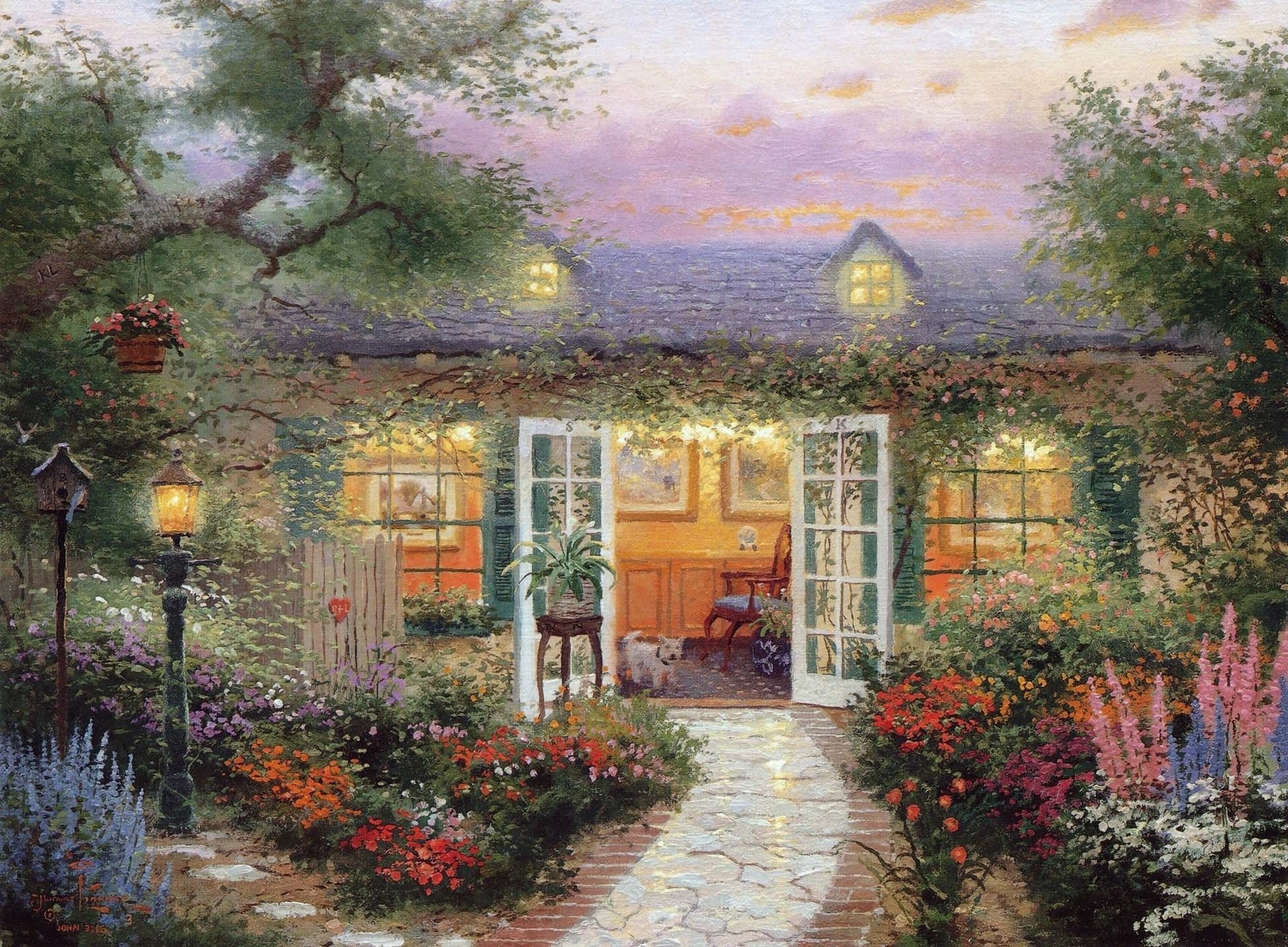 kincade lato thomas kinkade domek domek weranda pies