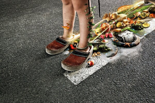 L enfant a marché sur l asphalte sale